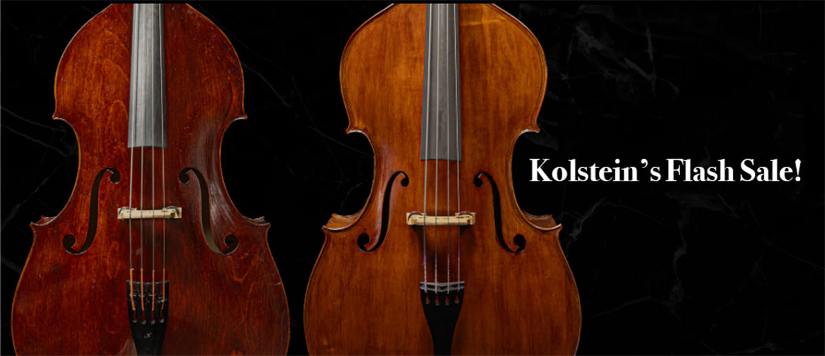Two violins side by side with 'Kolstein's Flash Sale!' text on a black background